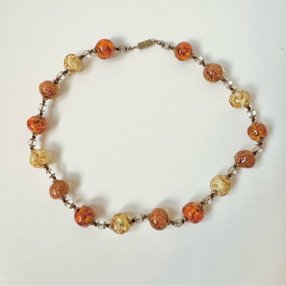 Murano Like Glass Beaded Necklace Amber Yellow Clear Beads - 19 inches - Picture 5 of 7